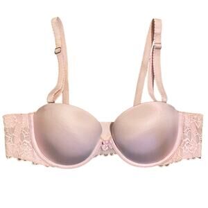 Aerie Mia Bra 36B Push Up Pink Satin Lace Adjustable Removable Straps Strapless